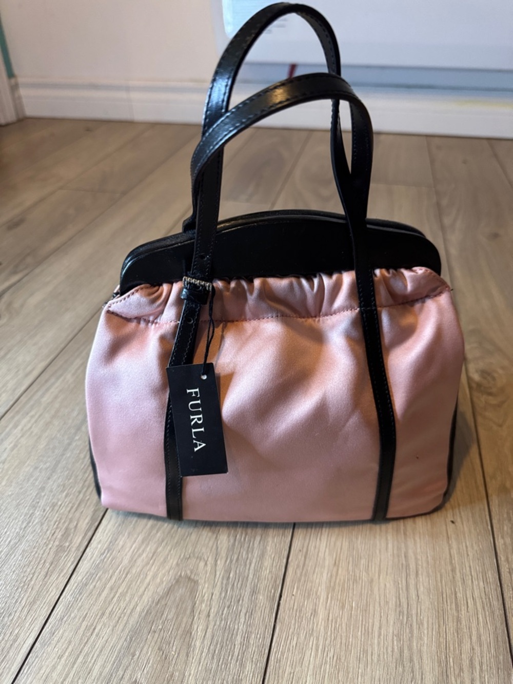 Furla Pink Satin Mini Tote with Black Leather Trim